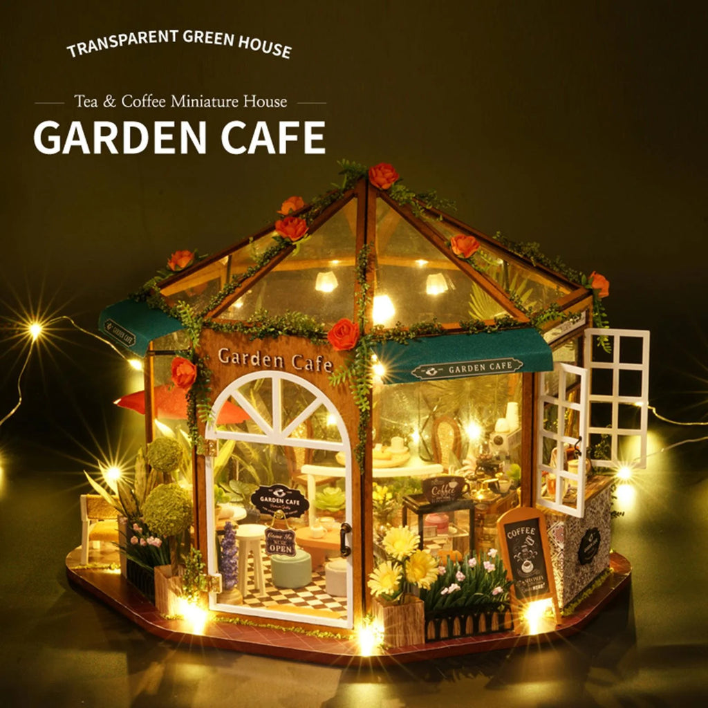DIY Miniature Doll House Wooden Coffee Shop with Furniture LED Light M316