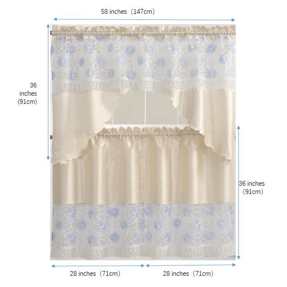 Beige Floral Embroidered 3-Piece Kitchen Curtain Tiers & Swag Set, 58x36 & 28x36 inches D306253