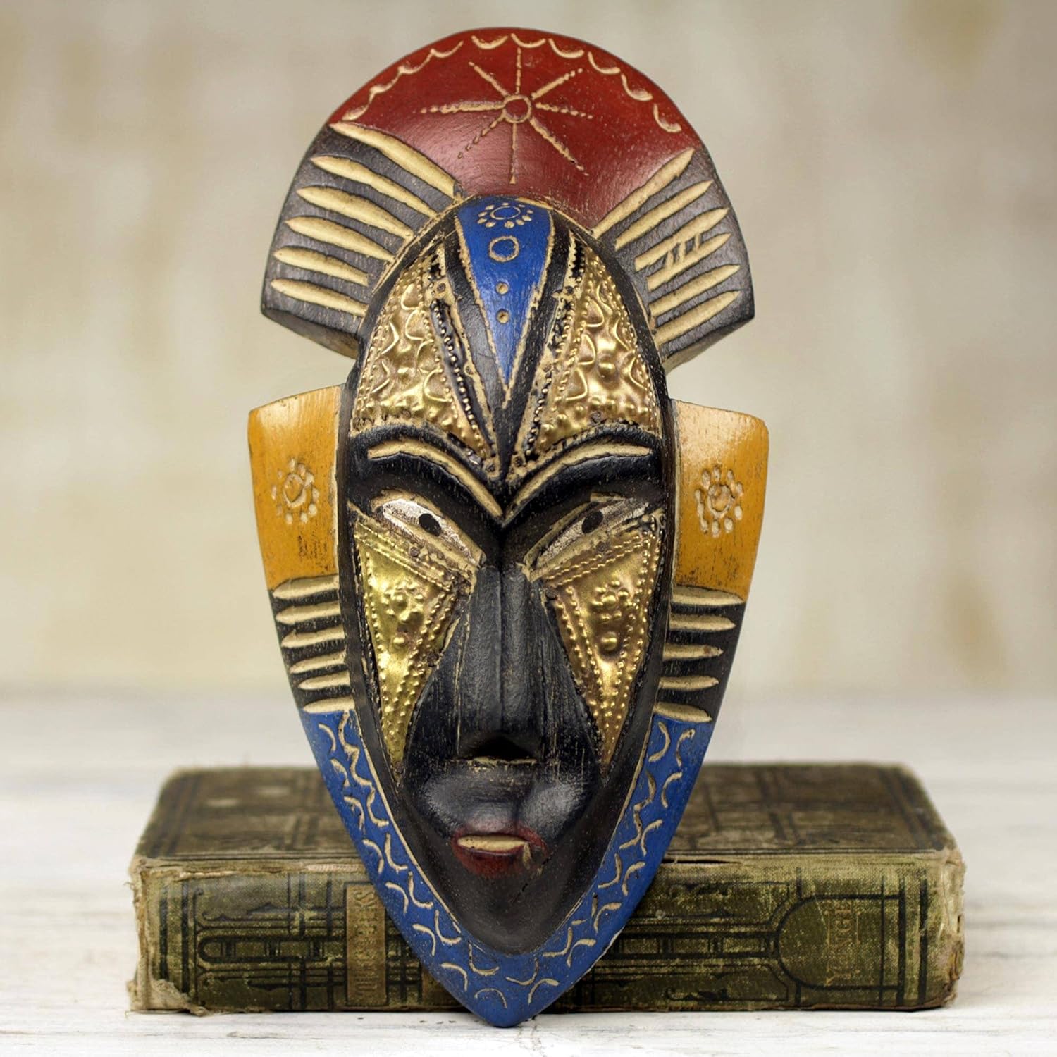 Painted Red and Blue Hand Carved Wood Wall Mask N8665