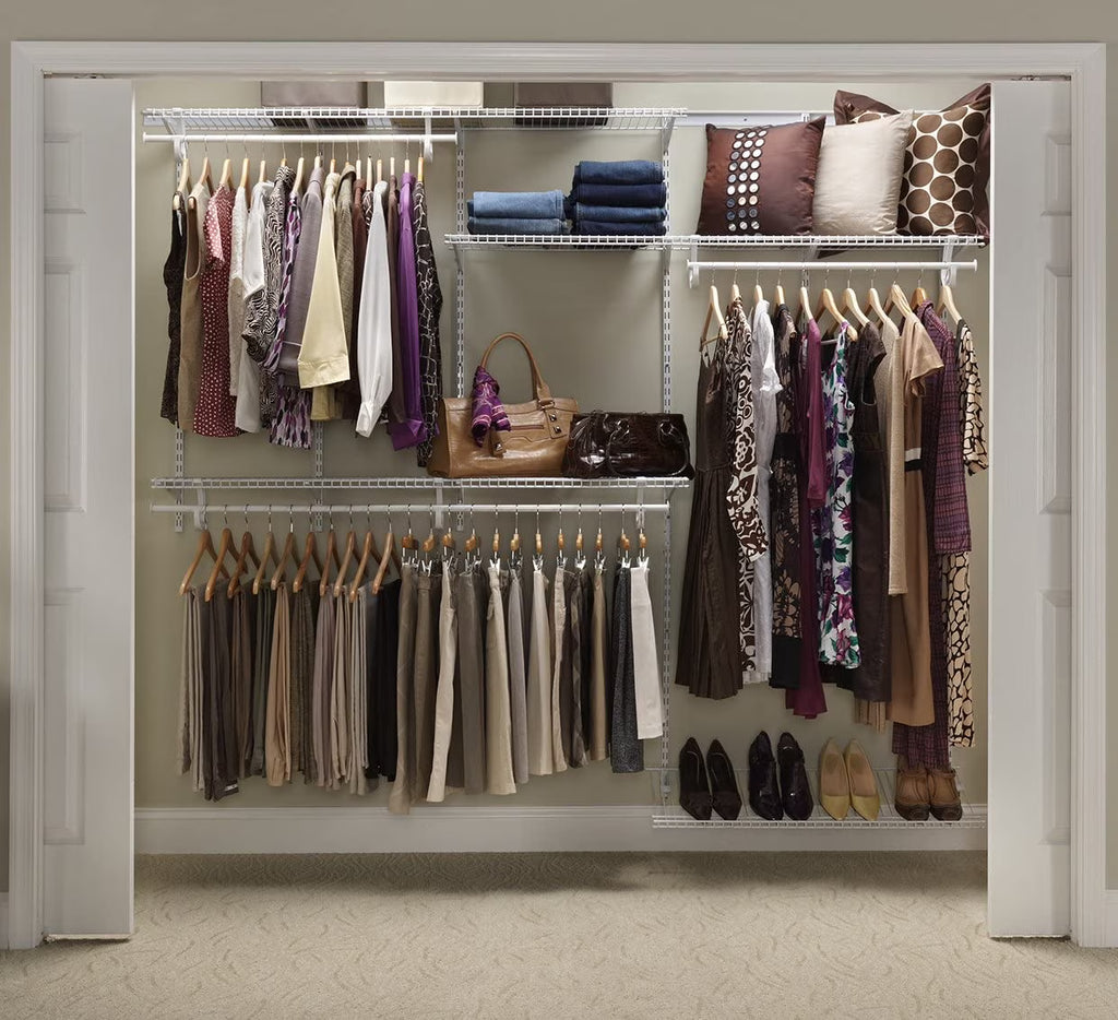 White Steel Wire Closet Organizer System with Shelves and Clothes Rods R493851