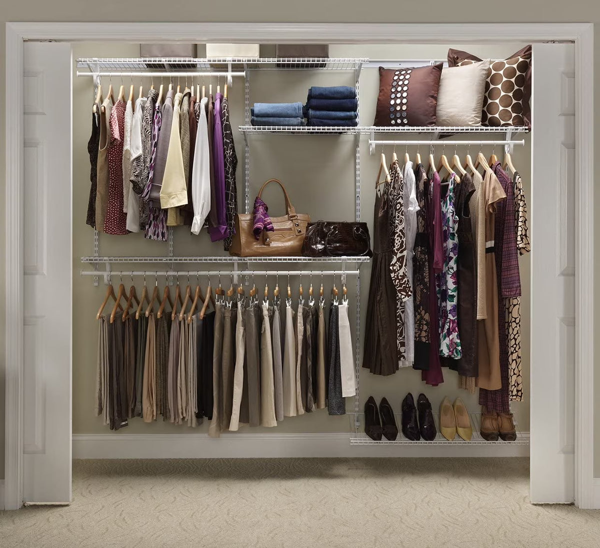 White Steel Wire Closet Organizer System with Shelves and Clothes Rods R493851