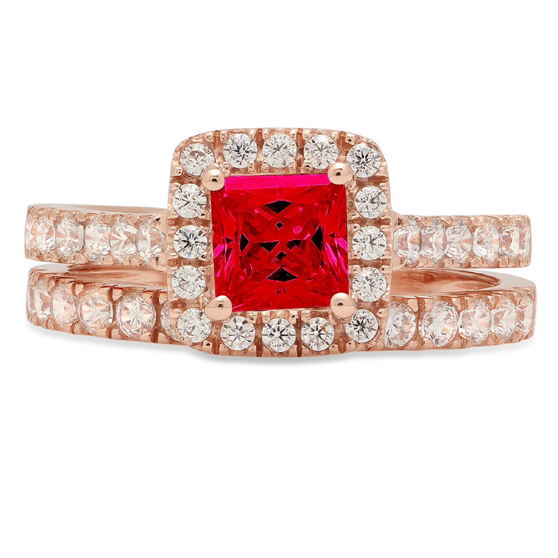 18k Rose Gold Princess Cut Red Simulated Ruby Halo Ring Band Set Size 5 S44181