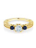 0.93 Ct Round Sky Blue Aquamarine Blue Sapphire 18K Yellow Gold Plated Silver Ring V273