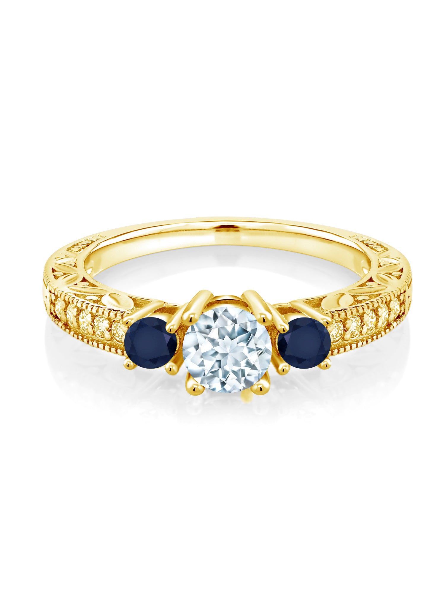 0.93 Ct Round Sky Blue Aquamarine Blue Sapphire 18K Yellow Gold Plated Silver Ring V273