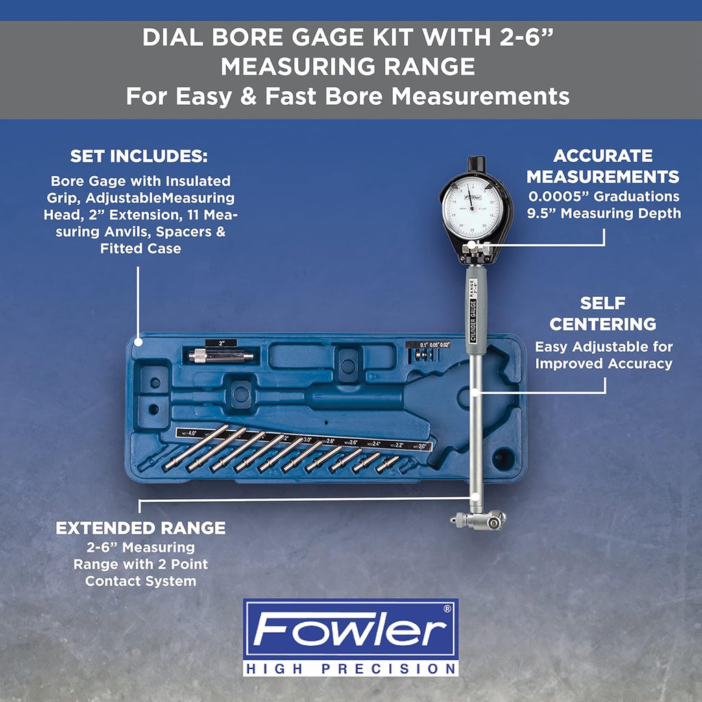 Dial Bore Gage with 2-6 Measuring Range, Self-Centering, Carbide Anvils, Case Included I354